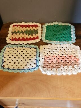 Hand Crafted Crochet Square Dishcloth Set of 4 in White, Green, Red, Pink, Brown